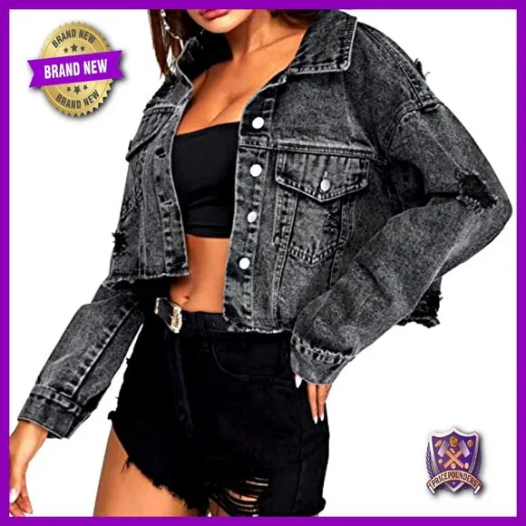 Cropped Denim Jacket Distressed Ripped Frayed Button Down Y2K Retro Chic - Picture 3 of 7